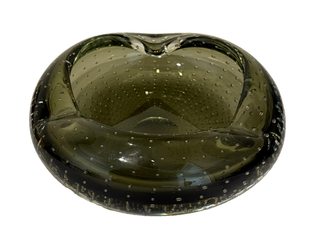 Vintage Murano Bullicante Controlled Bubble Art Glass Bowl Olive Smoke 8"